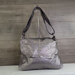 Leatherock  Metallic Silver Studded Leather Crossbody Shoulder Bag